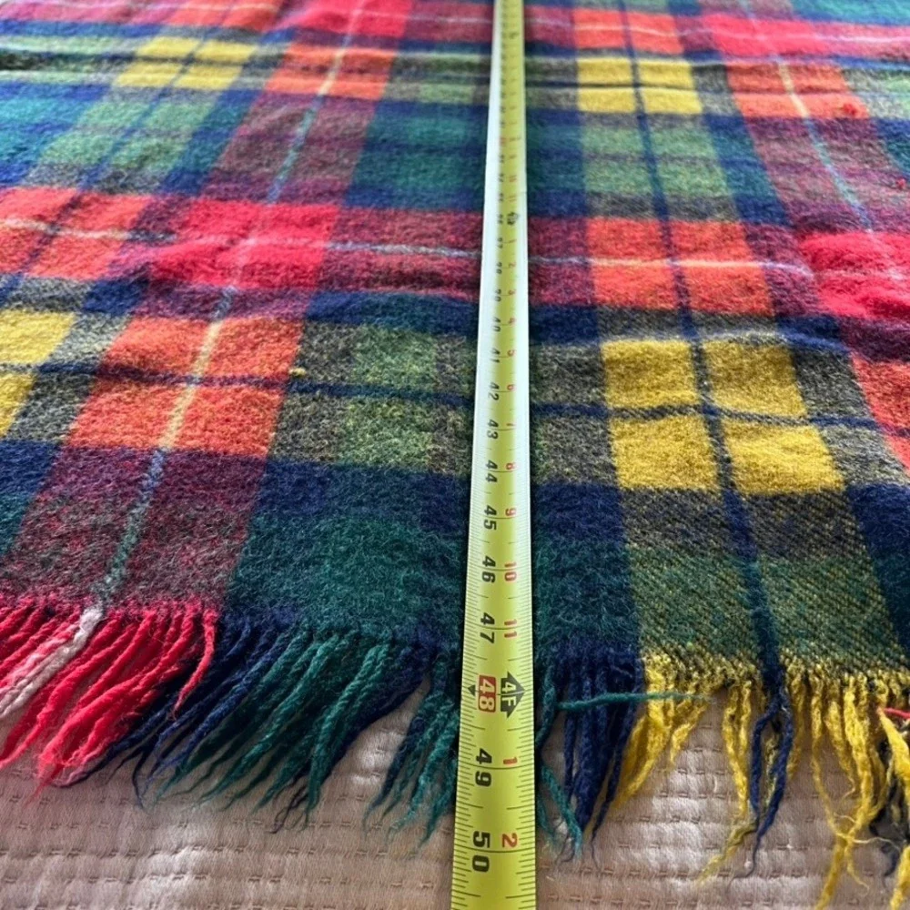 Vintage Tartan Plaid Wool‎ Blanket Throw Fringe Red Green Yellow Blue Cozy 47x50